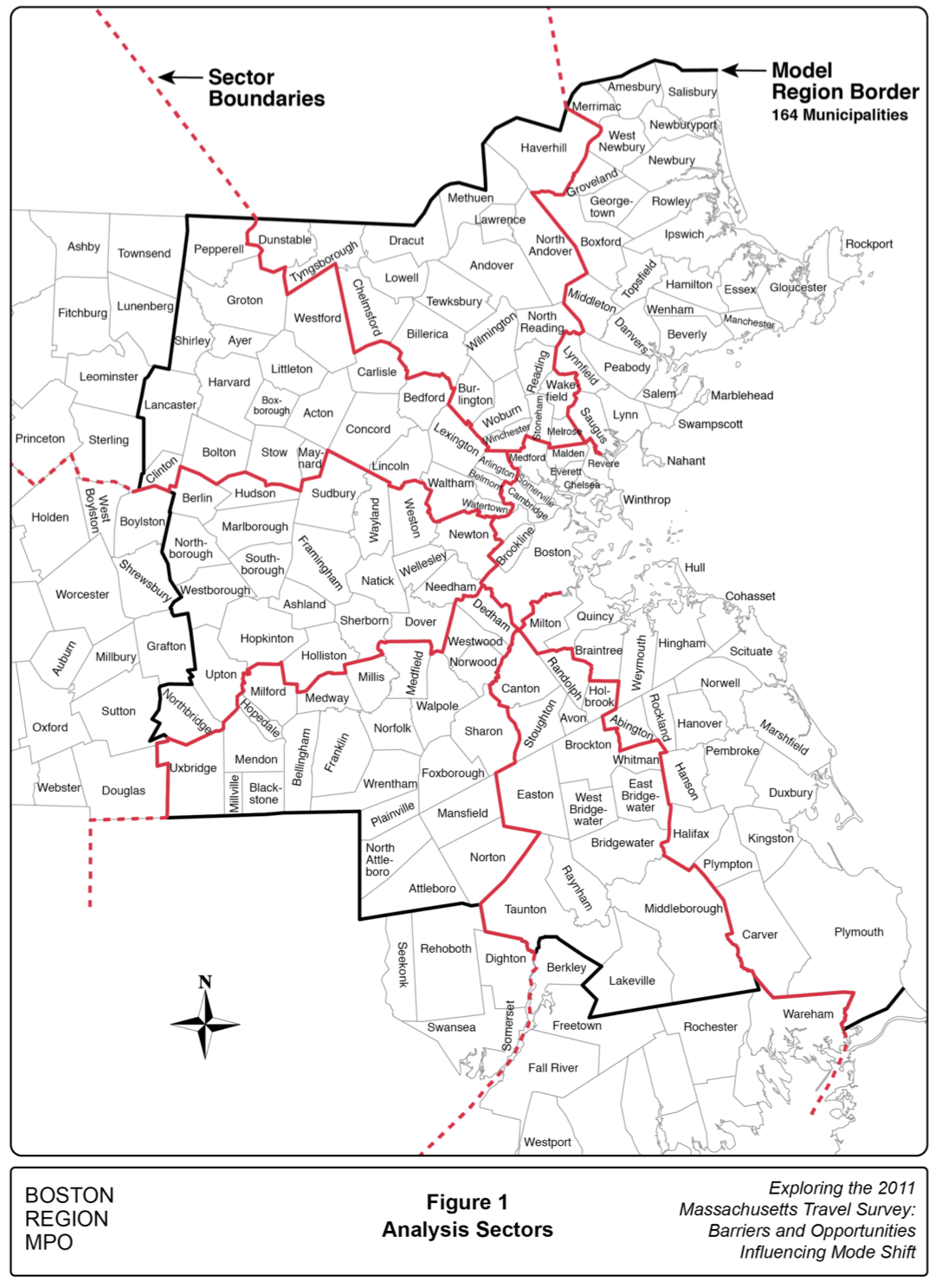 Figure 1 is a map of eastern Massachusetts showing the 164 municipalities that are in the MPO’s model area. The model area is delineated to show eight study sectors.